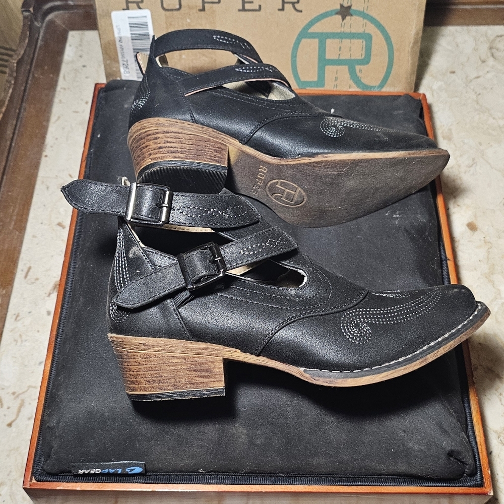 Roper Womens Black Faux Leather Willa Buckle Straps Ankle Boots Size 7
